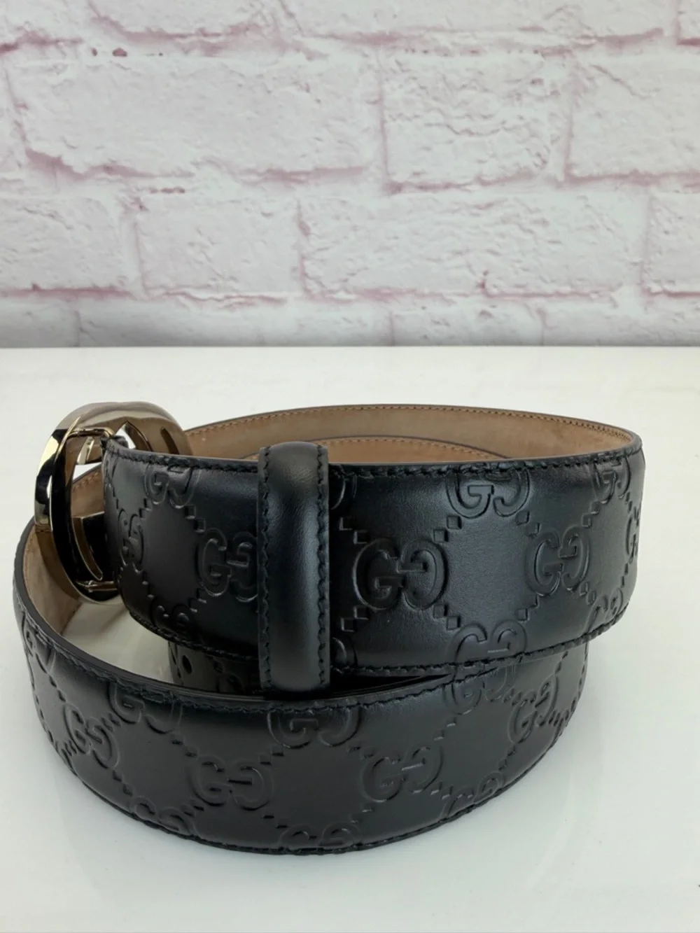 Authentic Gucci Guccissima Black Mens Leather Belt Gg Interlocking 90/36 411924